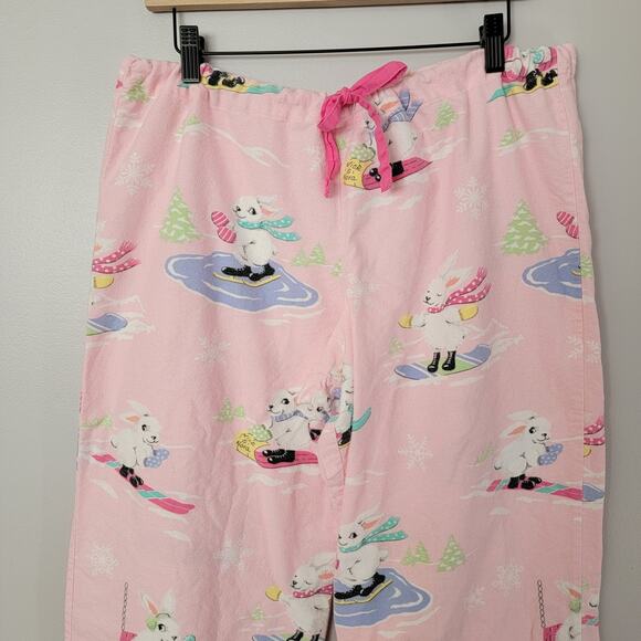 Nick & Nora Pink Winter Snow Bunnies Pajama Pants Drawstring Sz M Flannel Cotton - Picture 2 of 13